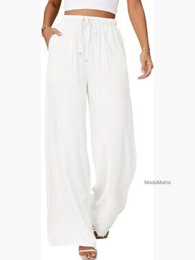 High Waisted Wide Leg Linen Blend Pants Flowy Drawstring Palazzo Trousers